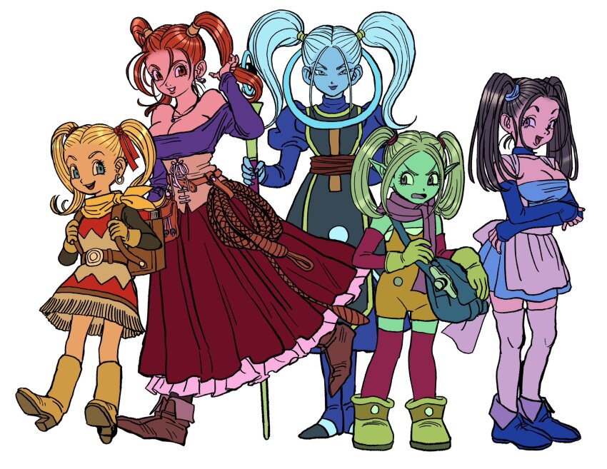 5girls :d apron aqua_skin arm_behind_back backpack bag bare_shoulders belt_buckle black_shirt blonde_hair blue_bridal_gauntlets blue_choker blue_dragon blue_dress blue_eyes blue_shoes blue_skin boots bouquet_(blue_dragon) breasts brown_boots brown_hair brown_shoes buckle choker cleavage colored_skin creator_connection crossover demon_girl dragon_ball dragon_ball_daima dragon_ball_super dragon_quest dragon_quest_builders_2 dragon_quest_viii dress earrings female_builder_(dqb2) fringe_trim gloves hair_ribbon highres holding holding_staff hoop_earrings jessica_albert jewelry juliet_sleeves long_sleeves looking_at_viewer looking_to_the_side marcarita multiple_crossover multiple_girls neckerchief necklace off_shoulder_shirt open_mouth orange_eyes orange_hair orange_overalls overalls pansy_(dragon_ball_daima) parted_bangs pink_thighhighs pointy_ears puffy_sleeves purple_eyes purple_lips purple_scarf purple_shirt red_dress red_ribbon red_skirt ribbon sarashi scarf shirt shirt_under_dress shoes shoulder_bag skirt smile sphere_earrings staff thighhighs trait_connection twintails two-tone_dress uranagi_(uranaginasi) waist_apron whip white_apron white_background white_dress white_hair white_thighhighs yellow_corset yellow_gloves yellow_neckerchief