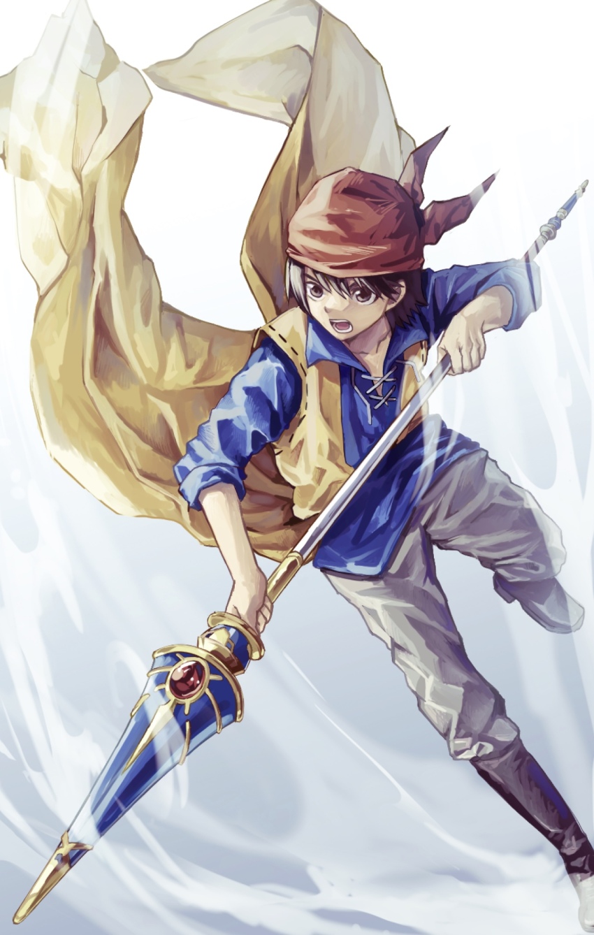 1boy bandana black_boots blue_shirt boots brown_eyes brown_hair commentary_request cross-laced_clothes dragon_quest dragon_quest_viii floating_clothes gem grey_pants hero_(dq8) highres holding holding_weapon jacket knee_up lance looking_to_the_side male_focus open_clothes open_jacket open_mouth orange_bandana pants polearm red_gemstone shirt sleeveless sleeveless_jacket sleeves_rolled_up smoke solo tabbynyaaan weapon white_background yellow_jacket
