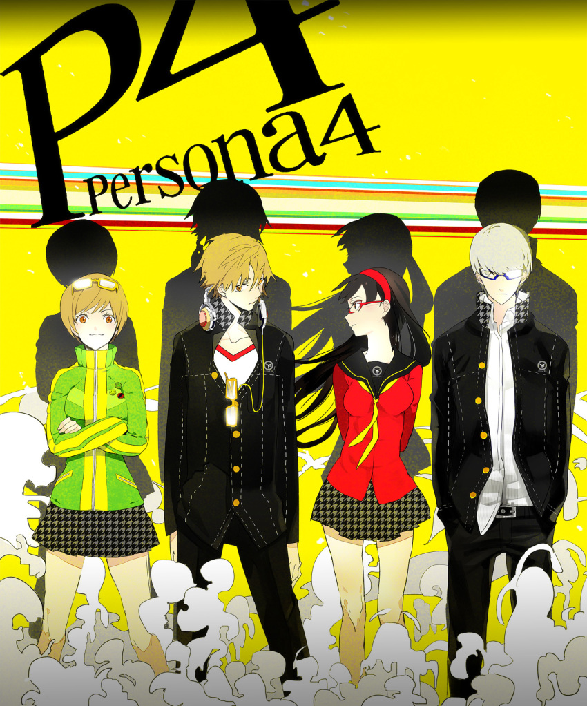 2boys 2girls amagi_yukiko atlus bare_legs black_hair black_skirt brown_eyes brown_hair checkered_clothes checkered_skirt glasses grey_eyes grey_hair hairband hanamura_yousuke headphones highres jacket long_hair miniskirt multiple_boys multiple_girls narukami_yu persona persona_4 pleated_skirt satonaka_chie school_uniform serafuku serori short_hair skirt track_jacket unmoving_pattern