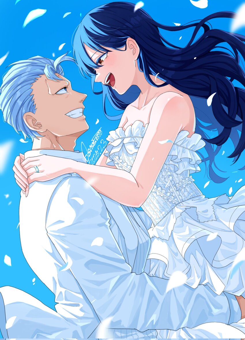 andy_(undead_unluck) bare_shoulders black_hair blue_eyes blue_hair bride brown_eyes carrying clenched_teeth dress floating_hair formal_clothes grey_hair groom hand_on_another&#039;s_shoulder highres izumo_fuuko jewelry long_hair open_mouth own_hands_together petals ring short_hair signature silver_ring sisuruto8888 sky strapless strapless_dress suit teeth undead_unluck very_long_hair wedding_dress wedding_ring white_dress white_suit