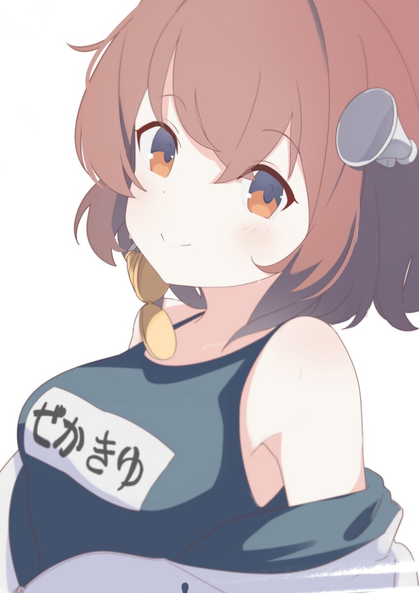 1girl absurdres blue_one-piece_swimsuit breasts brown_eyes brown_hair collarbone highres kantai_collection looking_at_viewer name_tag official_alternate_costume old_school_swimsuit one-piece_swimsuit satsuki_tooka school_swimsuit short_hair simple_background small_breasts smile solo speaking_tube_headset swimsuit swimsuit_under_clothes upper_body white_background yukikaze_(kancolle) yukikaze_(swimsuit)_(kancolle)