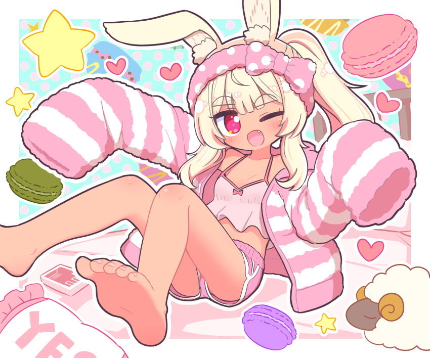 1girl ;d animal_ear_fluff animal_ears bare_shoulders barefoot blonde_hair blush bow breasts camisole collarbone commentary_request dark-skinned_female dark_skin etrian_odyssey fang feet food foot_out_of_frame frilled_pillow frills hairband heart heart-shaped_pupils highres hood hood_down hooded_jacket jacket legs long_hair long_sleeves looking_at_viewer macaron masurao_(sekaiju) masurao_2_(sekaiju) naga_u one_eye_closed open_clothes open_jacket open_mouth original outline pillow pink_bow pink_camisole pink_hairband pink_shorts polka_dot polka_dot_bow polka_dot_hairband ponytail purple_eyes rabbit_ears sekaiju_no_meikyuu sekaiju_no_meikyuu_5 short_shorts shorts sidelocks sleeves_past_fingers sleeves_past_wrists small_breasts smile soles solo star_(symbol) striped_clothes striped_jacket symbol-shaped_pupils thick_eyebrows toenails toes upshorts very_long_hair white_outline yes yes-no_pillow