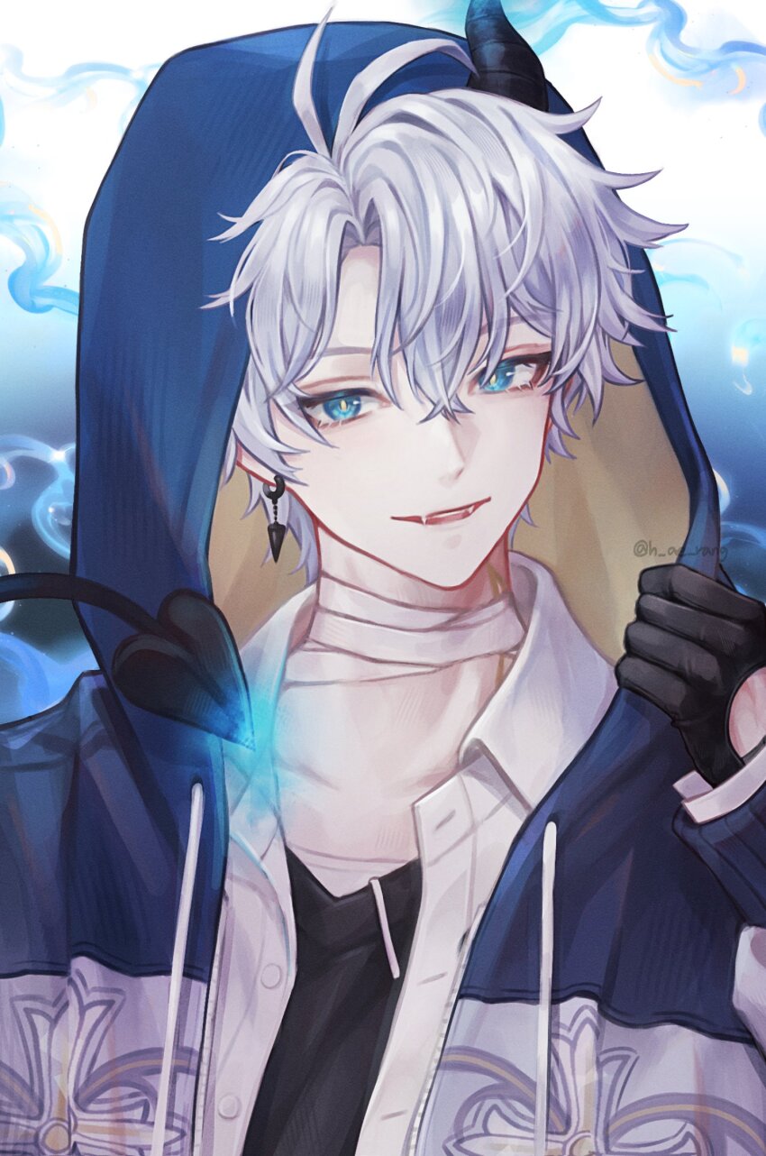 1boy alternate_costume antenna_hair bandaged_neck bandages black_shirt blue_eyes blue_hoodie collared_shirt demon demon_tail fangs h_ae_rang hashtag-only_commentary highres honkai_(series) honkai_impact_3rd hood hood_up hoodie looking_at_viewer male_focus open_clothes open_hoodie parted_bangs phainon_(honkai:_star_rail) shirt short_hair solo tail upper_body white_hair white_shirt