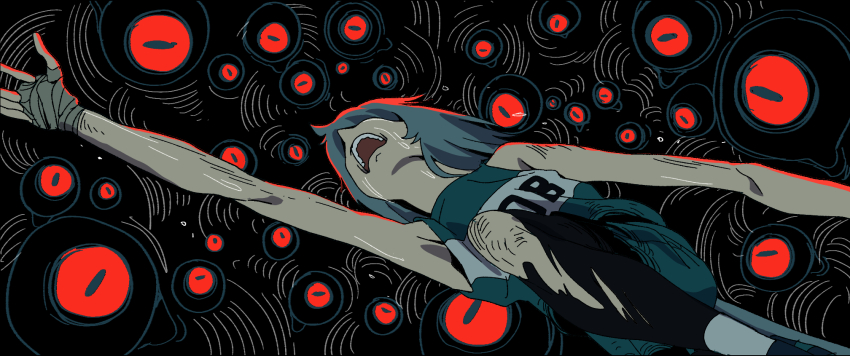 1girl bandaged_hand bandages black_background black_leggings blue_hair cyan_(horse_race_tests) disembodied_eye from_below highres horse_race_tests leggings meka_aoratos oob_(horse_race_tests) open_mouth outstretched_arm racing reaching short_hair sleeveless tank_top tears torn_clothes torn_leggings