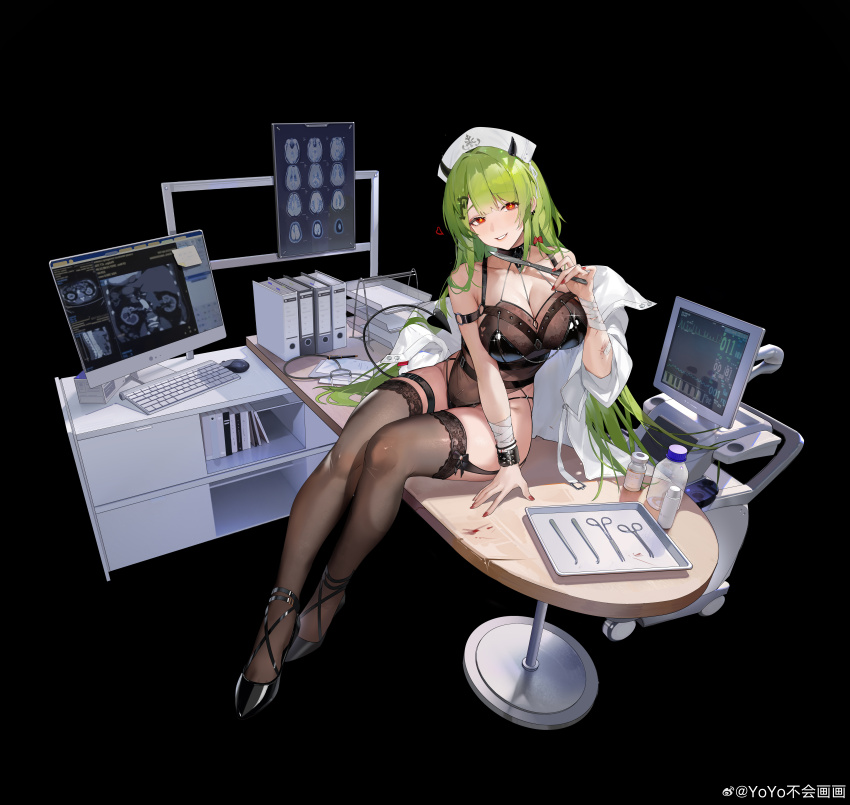 1girl absurdres ankle_cuffs arm_out_of_sleeve arm_support bandaged_arm bandages bare_shoulders binder black_background black_choker black_leotard black_shoes black_thighhighs blood bow bracelet breasts choker cleavage computer_keyboard computer_mouse cuffs demon_horns demon_tail earrings faux_figurine full_body garter_straps girls&#039;_frontline green_hair grin hair_bow hair_ornament hand_up hat heart heart-shaped_pupils high_heels highres holding holding_scalpel horns jewelry lab_coat lace lace-trimmed_thighhighs lace_trim large_breasts leotard letter_hair_ornament long_hair looking_at_viewer medicine_bottle mk48_(culprit_of_love-sickness)_(girls&#039;_frontline) mk48_(girls&#039;_frontline) monitor nurse_cap o-ring_arm_strap official_alternate_costume official_art on_table pantyhose pen red_bow red_eyes red_nails scalpel scar scar_on_arm shoes simple_background sitting smile stethoscope stool surgical_scissors symbol-shaped_pupils table tail teasing teeth thighhighs transparent_background tray watermark weibo_username weibo_watermark white_hat x-ray_film yoyo_(550098)