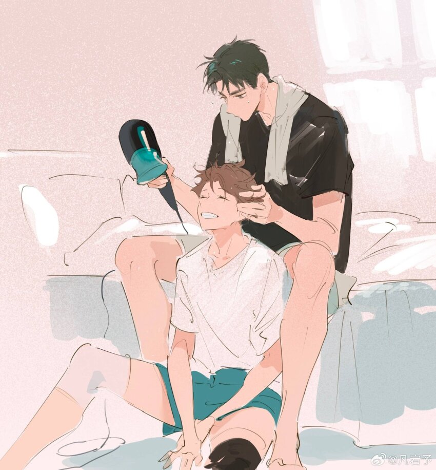 2boys arm_up barefoot bed black_shirt blue_shorts brown_hair closed_eyes collarbone commentary crew_neck drying_another&#039;s_hair fandangyu grin haikyuu!! hair_dryer hand_in_another&#039;s_hair hashtag-only_commentary highres holding holding_hair_dryer knee_up looking_down male_focus multiple_boys oikawa_tooru_(haikyuu!!) pillow shirt short_sleeves shorts sitting smile t-shirt teeth towel towel_around_neck ushijima_wakatoshi white_shirt