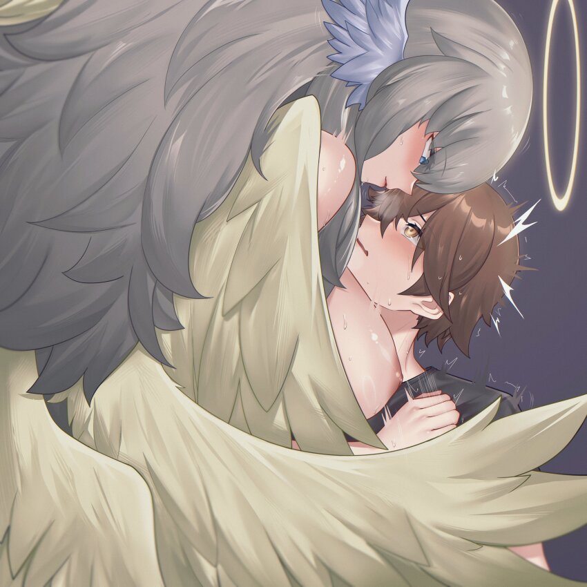 1boy 1girl absurdres angel angel_wings black_shirt blonde_hair blue_eyes blush breasts brown_eyes brown_hair bwcloud commentary_request commission feathered_wings girl_on_top halo hand_on_another&#039;s_chest head_wings heavy_breathing highres implied_sex large_breasts long_hair looking_at_another mon-musu_quest! motion_lines multiple_wings nipples pixiv_commission seraph_eden seraph_wings shirt simple_background sweat sweatdrop wings