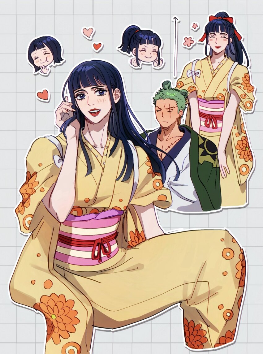 ^_^ arrow_(symbol) blunt_bangs blush blush_stickers chonmage closed_eyes floral_print floral_print_kimono green_hair grid hair_ribbon hand_in_own_hair head_only heart height_difference highres japanese_clothes kikunojo_(one_piece) kimono lipstick long_hair looking_at_viewer makeup obi one_piece pink_sash ponytail print_kimono red_lips red_ribbon ribbon roronoa_zoro sash scar scar_across_eye scar_on_chest scar_on_face seirorath short_hair stitches tall topknot white_kimono yellow_kimono