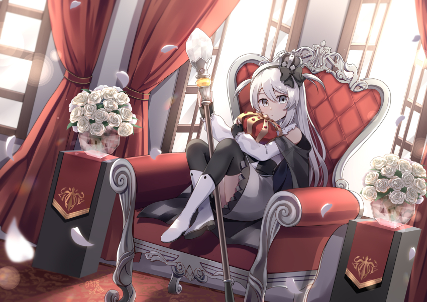 1girl anri_mike black_bow black_thighhighs boots bouquet bow crown detached_sleeves flower grey_eyes grey_skirt hair_bow highres holding holding_scepter hugging_object long_hair looking_at_viewer mini_crown original petals scepter short_twintails sitting_on_throne skirt thighhighs throne twintails white_boots white_flower white_hair white_sleeves window window_light