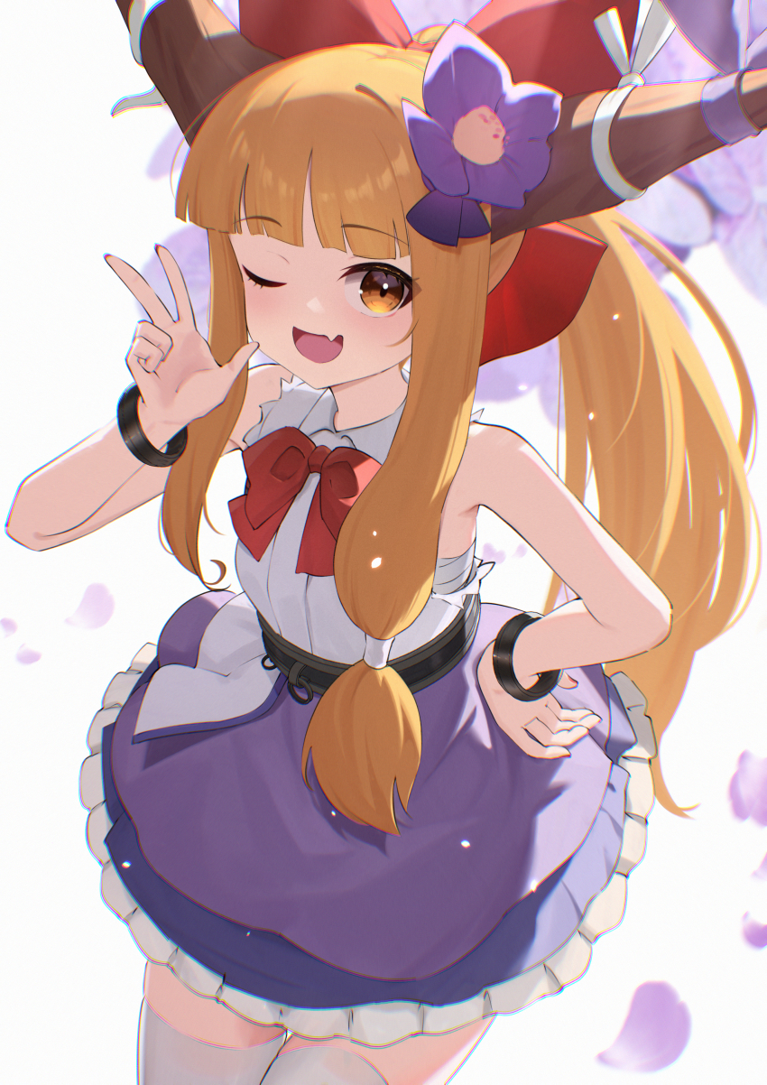 1girl ;d absurdres bare_shoulders blush bow bowtie commentary_request demon_girl demon_horns fang flower from_above hair_bow hair_flower hair_ornament hand_on_own_hip hand_up happy highres horn_ornament horn_ribbon horns ibuki_suika long_hair looking_at_viewer looking_up medium_skirt oeyama one_eye_closed oni open_mouth orange_eyes orange_hair purple_flower purple_ribbon purple_skirt red_bow red_bowtie ribbon shirt skirt sleeveless sleeveless_shirt smile solo standing thighhighs touhou very_long_hair w w_over_eye white_shirt