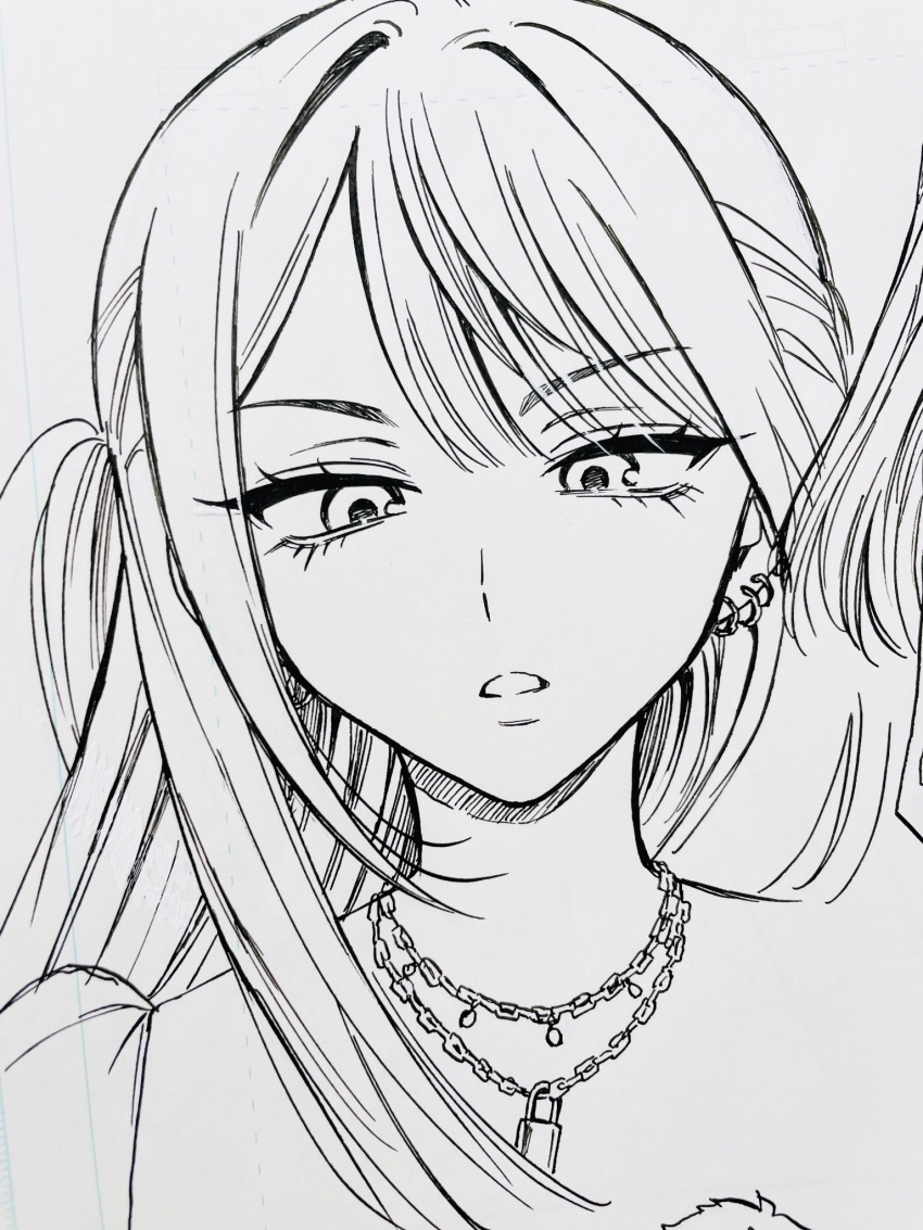 1girl akiyama_enma chain chain_necklace commentary d: earrings frown hair_intakes highres hoop_earrings jewelry lineart lock_necklace long_hair necklace negiemon nib_pen_(medium) noa-senpai_wa_tomodachi. open_mouth pen_(medium) photo_(medium) portrait side_ponytail sidelocks simple_background solo swept_bangs traditional_media tsurime white_background