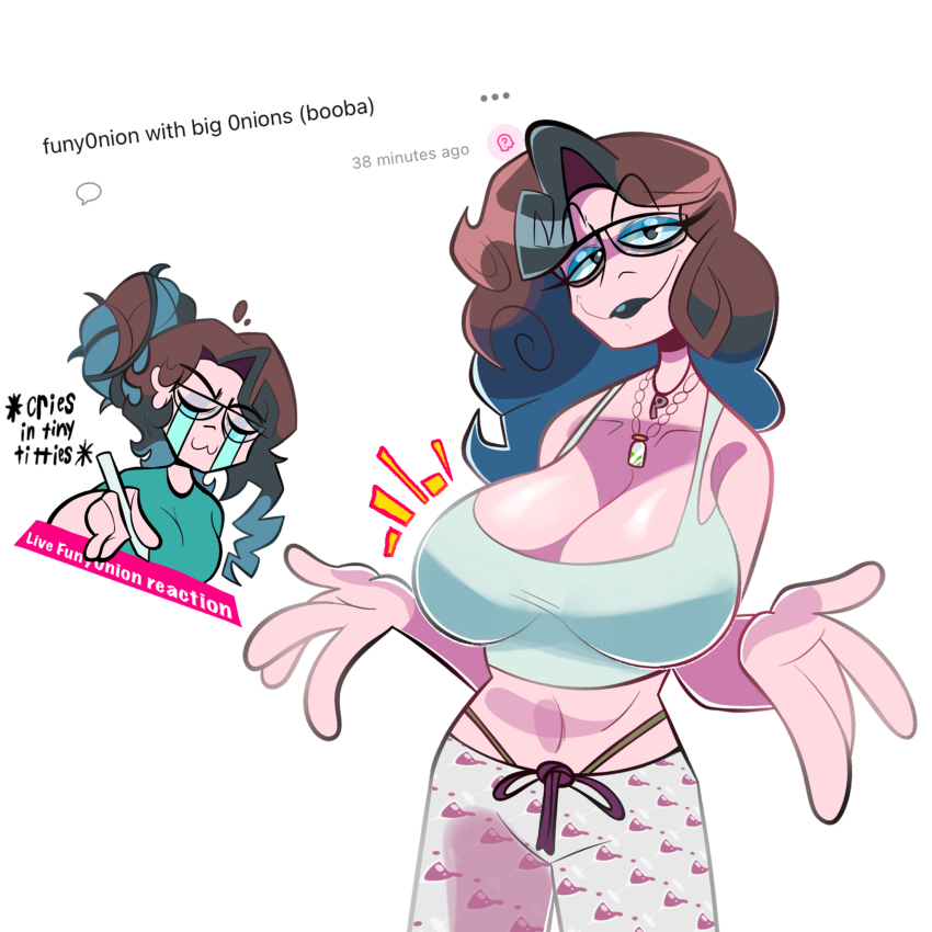 black_lips breasts brown_eyes brown_hair character_request english_text funy0nion funy0nion_(character) glasses green_shirt highres jewelry large_breasts necklace pajama_pants shirt tank_top white_tank_top
