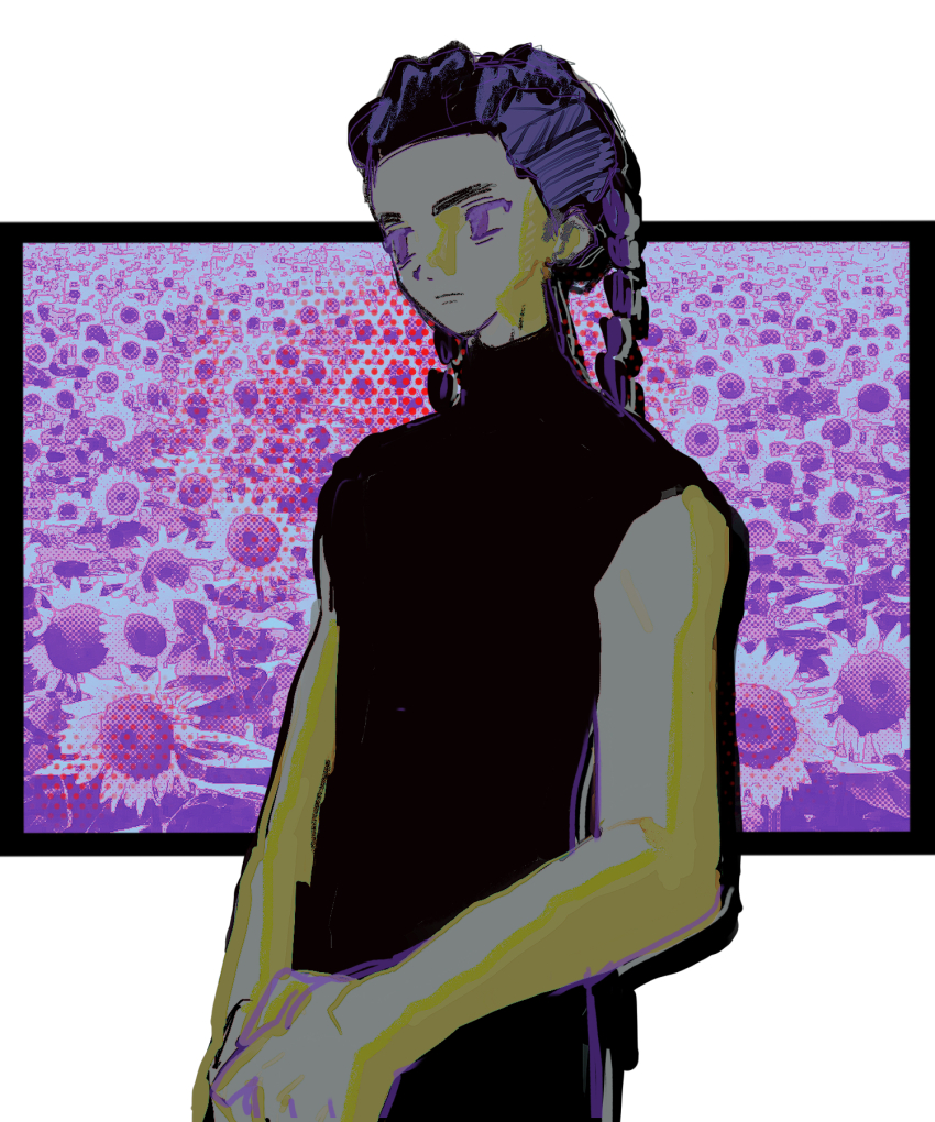 1boy black_shirt braid commentary_request cornrows cowboy_shot dark-skinned_male dark_skin flower highres looking_to_the_side male_focus marvel miles_g._morales purple_background purple_eyes purple_hair purple_theme shirt short_hair sleeveless solo spider-man:_across_the_spider-verse spider-man_(series) spider-verse sunflower tami_tome_mo turtleneck twin_braids