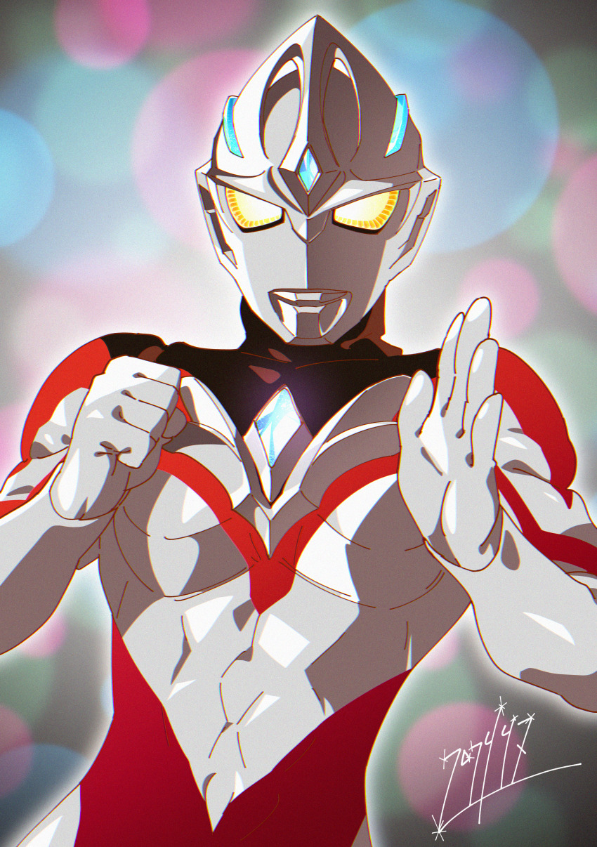 1boy abs abstract_background absurdres alien black_skin blue_gemstone blurry blurry_background bokeh clenched_hand collarbone color_timer colored_skin commentary depth_of_field dorsal_fin fighting_stance forehead_jewel gem hands_up highres looking_at_viewer male_focus multicolored_skin muscular muscular_male no_pupils open_hand pectorals red_skin signature silver_skin solo tokusatsu ultra_series ultraman_arc ultraman_arc_(series) upper_body yabamitsu yellow_eyes