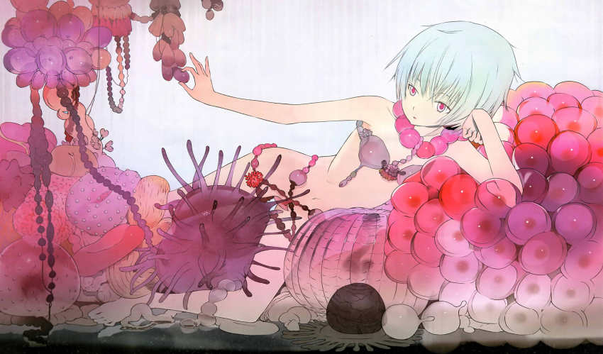 1girl ayanami_rei blue_hair female_focus highres neon_genesis_evangelion nude okama red_eyes short_hair solo