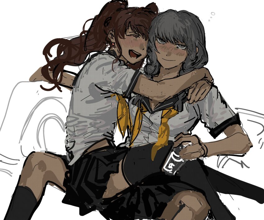 192_saioma 1boy 1girl black_socks black_thighhighs blush braid brown_hair closed_mouth crossdressing cup grey_eyes grey_hair heterochromia highres holding holding_cup kneehighs kujikawa_rise long_hair narukami_yu neckerchief nose_blush open_mouth persona persona_4 pleated_skirt sailor_collar school_uniform serafuku short_sleeves simple_background sitting sketch skirt socks spread_legs thighhighs trap twin_braids twintails white_background yellow_neckerchief