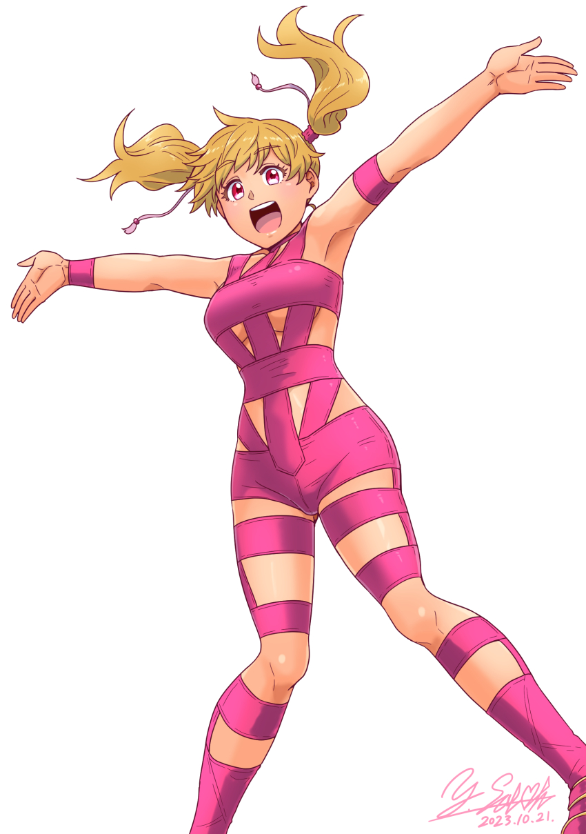 absurdres armband artist_name bodysuit boots breasts brown_hair commentary dated dutch_angle fresh_precure! highres hot_limit medium_breasts medium_hair momozono_love open_mouth outstretched_arms pink_bodysuit pink_boots pink_eyes precure satou_yasu signature simple_background smile spread_arms standing t.m.revolution twintails white_background wristband