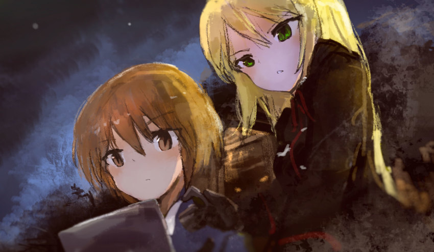 2girls black_gloves blonde_hair brown_eyes brown_hair cloud commentary dark flying frown gloves green_eyes hand_on_another&#039;s_shoulder heinrike_prinzessin_zu_sayn-wittgenstein highres jennifer_j_deblanc long_hair multiple_girls night noble_witches serious short_hair sketch sky uniform world_witches_series