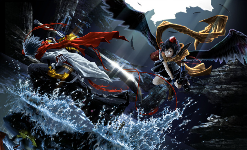 2girls animal_ears bag baraizo black_hair black_wings camera canyon feathers hat highres inubashiri_momiji multiple_girls red_eyes scarf shameimaru_aya sheath short_hair skirt smile splashing sword tokin_hat touhou water weapon white_hair wings wolf_ears