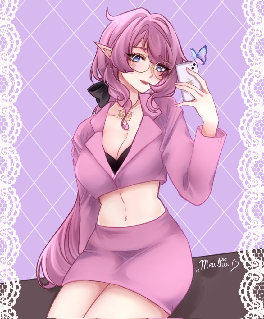 1girl alternate_costume apple_inc. artist_name blue_eyes breasts bug butterfly cleavage commentary cropped_vest elf elysia_(honkai_impact) english_commentary glasses highres holding holding_phone honkai_(series) honkai_impact_3rd insect large_breasts long_hair midriff miniskirt navel pencil_skirt phone photo-referenced pink_hair pink_skirt pink_vest pointy_ears purple_background round_eyewear selfie sitting skirt sleepymewthie solo thighs vest