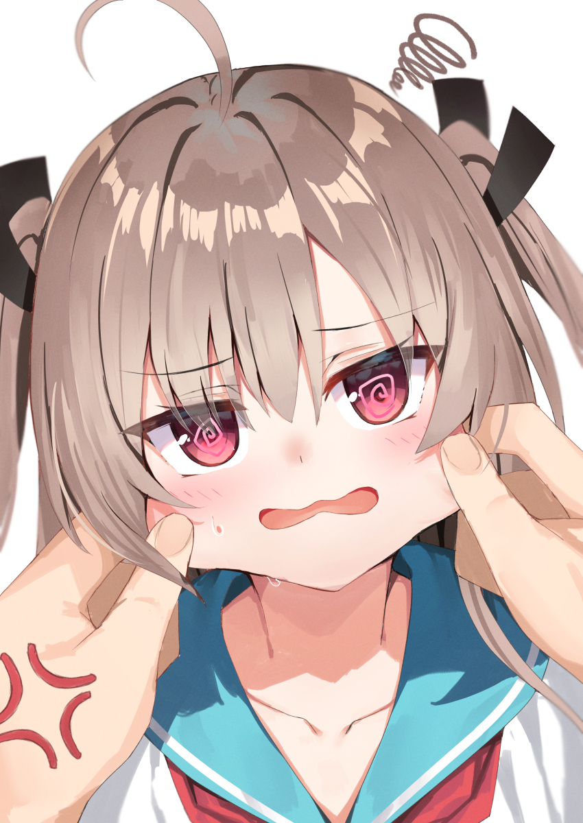 1girl 1other @_@ absurdres ahoge anger_vein ascot atri atri-my_dear_moments- black_ribbon blue_sailor_collar blush brown_hair cheek_pinching collarbone commentary dress eyes_visible_through_hair furrowed_brow hair_between_eyes hair_ribbon highres long_hair nodoameyatou open_mouth pinching portrait pov pov_hands red_ascot red_eyes ribbon sailor_collar sailor_dress simple_background solo_focus squiggle sweatdrop two_side_up wavy_mouth white_background