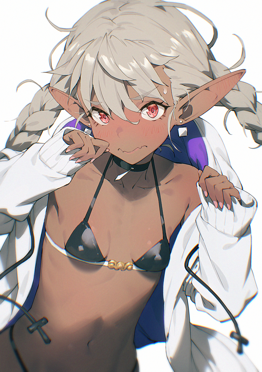 1girl absurdres bikini black_bikini black_choker blush braid breasts choker chyko closed_mouth collarbone commentary dark-skinned_female dark_elf dark_skin earrings elf eyelashes fang grey_hair hands_up highres jacket jewelry long_hair long_sleeves looking_at_viewer messy_hair nail_polish navel open_clothes open_jacket original pendant_choker pink_nails pointy_ears red_eyes shy skin_fang small_breasts solo swimsuit twin_braids upper_body wavy_mouth white_background white_jacket