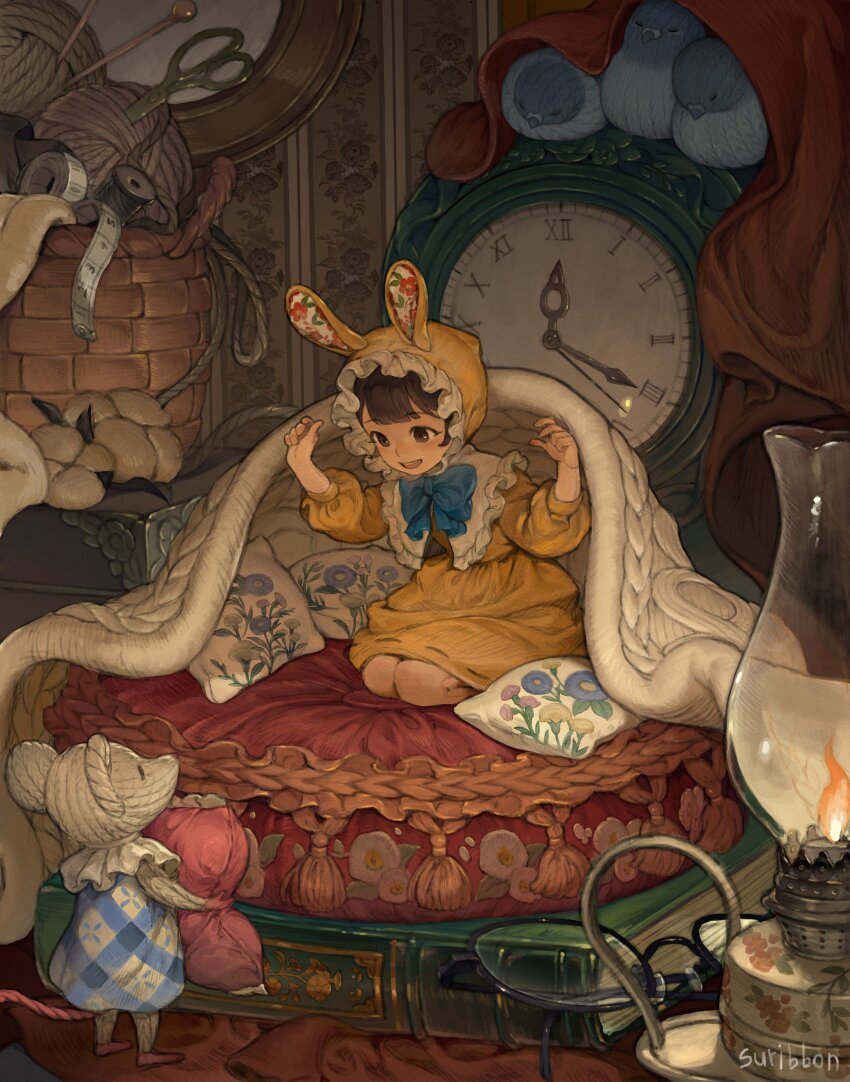 1girl absurdres analog_clock animal_ear_headwear animal_ears basket bed black_hair blanket blue_bow blue_bowtie bonnet book bow bowtie cable_knit clock commentary dress fake_animal_ears floral_print frilled_bonnet frills glasses highres knitting_needle lantern mini_person minigirl needle open_mouth original pillow print_pillow rabbit_ears scissors sitting solo spool stuffed_animal stuffed_bird stuffed_mouse stuffed_toy suribbon symbol-only_commentary tassel unworn_eyewear yarn yarn_ball yellow_dress