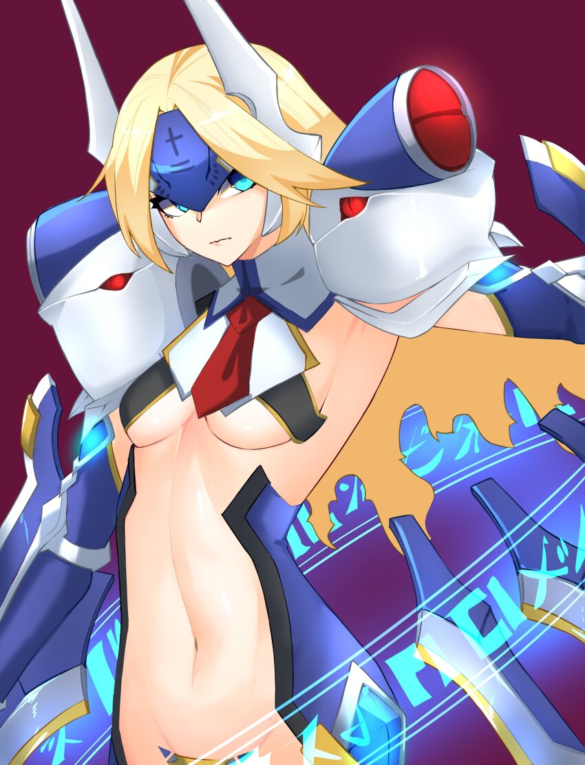 1girl absurdres blazblue blonde_hair blue_eyes breasts brick_(atelier_brick) crotch_plate elbow_gloves forehead_protector gloves headgear highres long_hair mecha_musume mu-12 navel revealing_clothes sidelocks skindentation small_breasts solo underboob