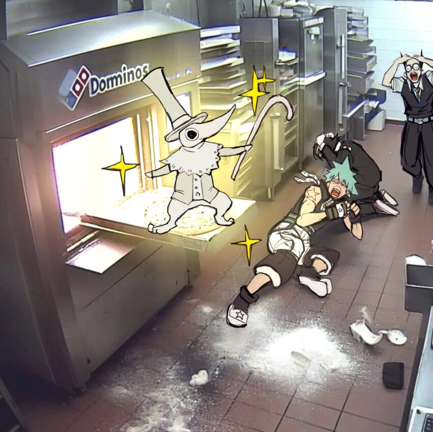 3boys ai-generated_art_(topic) ai-generated_background bald black_jacket black_star blue_hair cane clutching_head cowering death_the_kid domino&#039;s_pizza_ai_images_(meme) excalibur_(soul_eater) flour food hashtag-only_commentary hat highres holding holding_cane indoors jacket kitchen kneeling looking_at_another male_focus meme multiple_boys on_floor open_mouth oven ox_ford pizza raddy_358 round_eyewear short_hair shorts soul_eater sparkle spiked_hair tall_hat tile_floor tiles top_hat white_hat white_shorts