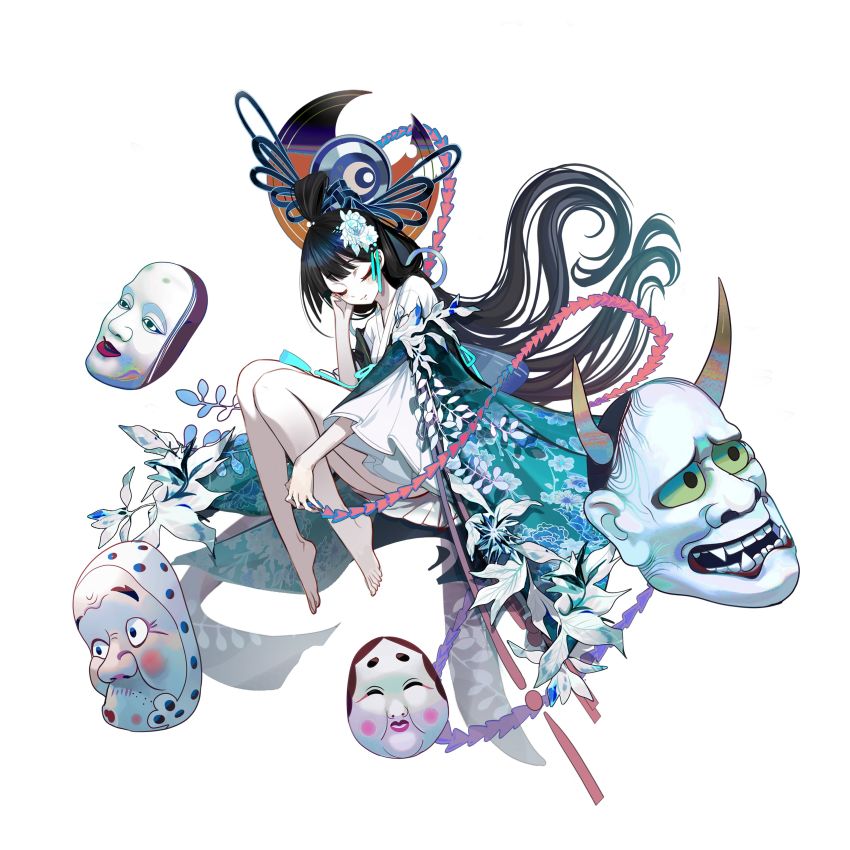 1girl absurdres bare_legs barefoot black_hair blush character_request closed_eyes flower hair_flower hair_ornament highres leaf long_hair mask onmyoji shan_gui_yu_yao simple_background smile solo tassel very_long_hair white_background white_flower