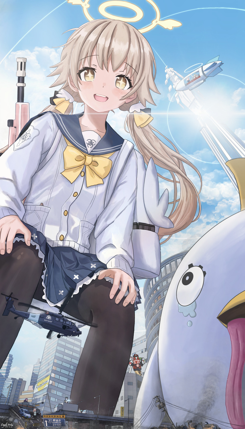 1girl absurdres assault_rifle backpack bag black_pantyhose blue_archive blue_sailor_collar blue_skirt blue_sky building bullpup cardigan city cloud day eagle_won frilled_skirt frills giant giantess gun hair_flaps halo hifumi_(blue_archive) highres kaiten_fx_mk.0_(blue_archive) l85 light_brown_hair long_hair long_tongue low_twintails open_mouth outdoors pantyhose perorozilla_(blue_archive) pleated_skirt rifle sailor_collar school_uniform serafuku skirt sky smile solo tongue twintails very_long_tongue weapon white_bag white_cardigan yellow_eyes