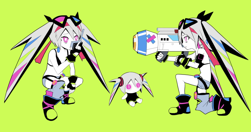 #compass 1girl 2girls absurdres aimaina black_bra blue_hair boots bra breasts commentary_request denim denim_shorts eyewear_on_head full_body game_bazooka_girl green_hair grey_hair hatsune_miku highres holding holding_weapon long_hair looking_at_viewer multicolored_hair multiple_girls pink_eyes pink_hair pinocchio-p real_ni_buttobasu_(vocaloid) red_hair shorts simple_background solo sunglasses underwear vocaloid weapon