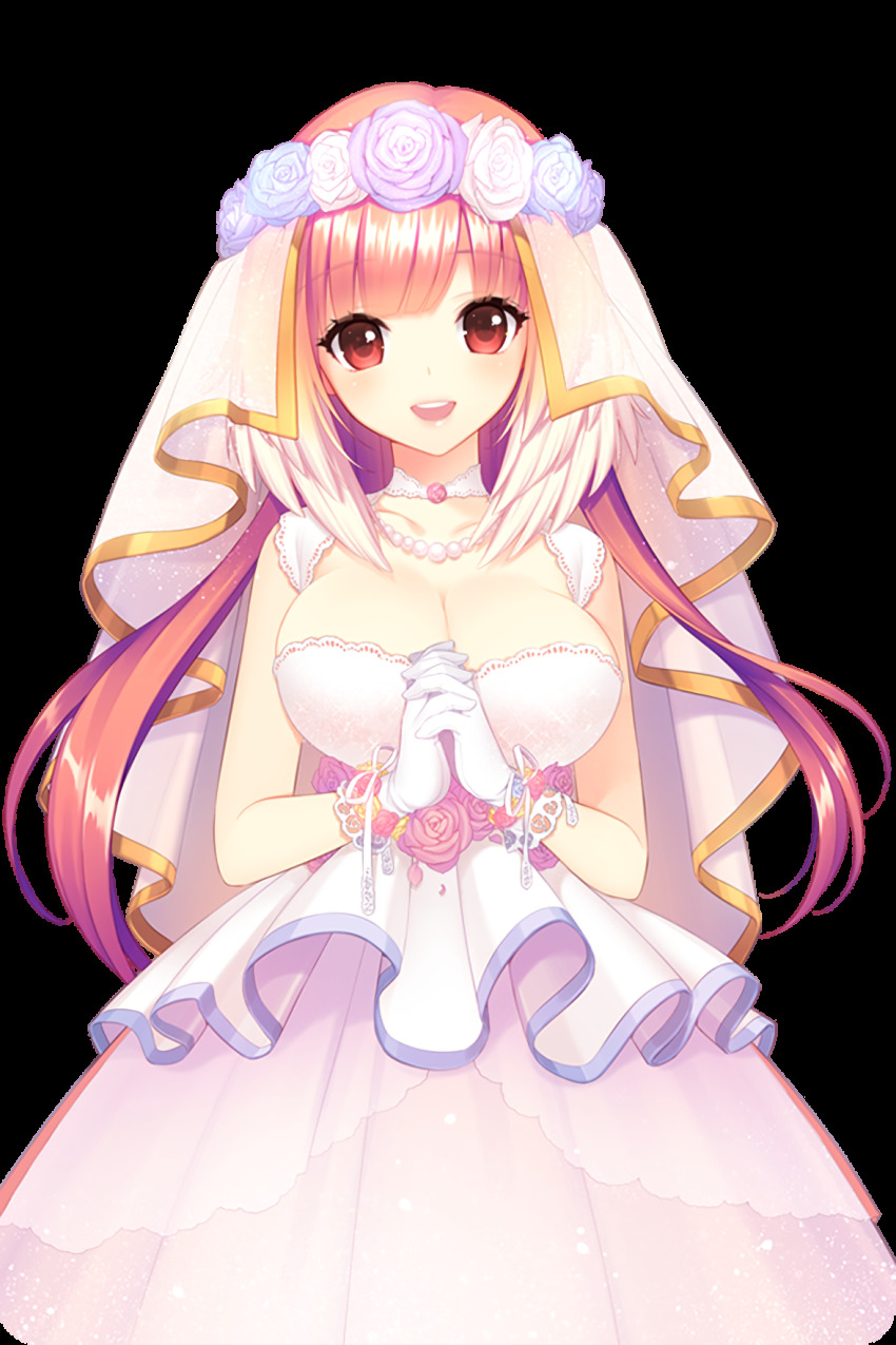 1girl breasts cleavage dress flower gloves happy highres jewelry large_breasts long_hair looking_at_viewer necklace official_art open_mouth own_hands_together pearl_necklace pink_dress pink_flower pink_hair pink_rose red_eyes rose selena_(soccer_spirits) shirahane_nao smile soccer_spirits transparent_background veil wedding_dress white_flower white_gloves white_rose