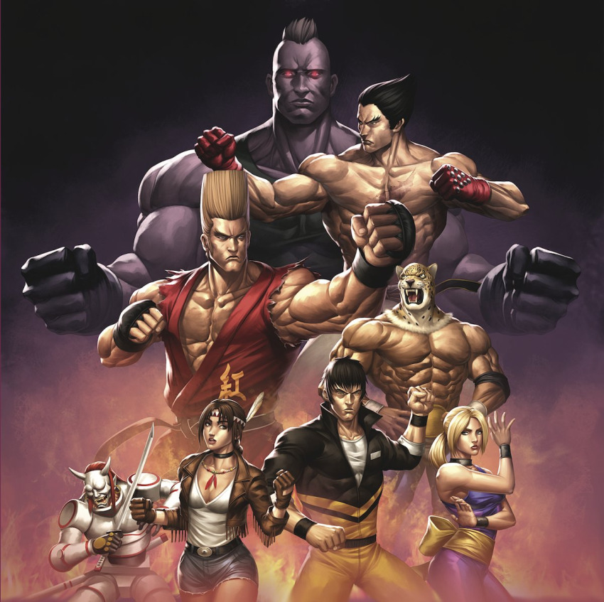 dxsinfinite gloves headdress king_(tekken) marshall_law michelle_chang mishima_kazuya namco native_american native_american_clothes native_american_headdress nina_williams non-web_source official_art paul_phoenix record red_gloves scar scar_on_chest tekken tekken_1 topless_male yoshimitsu_(namco)
