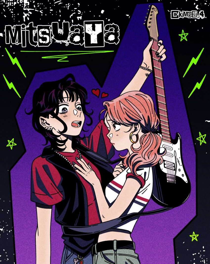 2girls black_hair black_jacket black_nails breasts carabiner commentary cropped_shirt earrings electric_guitar english_commentary guitar guitar_strap hand_on_another&#039;s_chest heart highres holding holding_guitar holding_instrument hoop_earrings instrument jacket jewelry key kimsei kininatteru_hito_ga_otoko_ja_nakatta koga_mitsuki lapels lightning_bolt_symbol looking_at_another mole mole_under_eye multiple_girls necklace oosawa_aya orange_hair purple_eyes red_shirt ship_name shirt short_hair short_sleeves sleeveless sleeveless_jacket small_breasts star_(symbol) t-shirt tattoo upper_body waveform white_shirt yuri