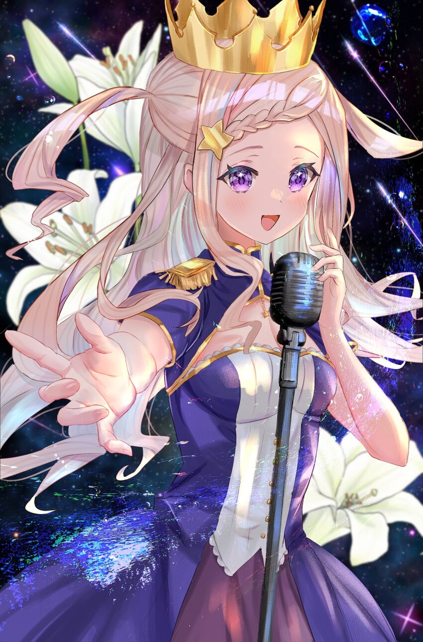 1girl avatar_2.0_project blush braid braided_bangs breasts buttons cleavage cleavage_cutout clothing_cutout corset crown dress epaulettes floral_background flower hair_ornament highres isuzu_(an_icy_cat) jewelry light_brown_hair lily_(flower) long_hair medium_breasts microphone necklace open_mouth outstretched_hand purple_dress purple_eyes star_(symbol) star_hair_ornament star_necklace star_symbol_background two_side_up utakata_shirabe virtual_youtuber wavy_hair