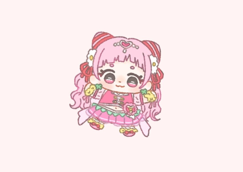 1girl :3 back_bow bare_shoulders beads bow chibi closed_mouth clover_earrings cone_hair_bun cropped_shirt cure_yell dot_nose double_bun eyelashes flower footwear_bow four-leaf_clover_earrings fur-trimmed_shoes fur_wrist_cuffs hair_beads hair_bun hair_flower hair_ornament hair_ribbon happy heart heart_hair_ornament hugtto!_precure ichigo_usuhana light_blush long_hair looking_at_viewer magical_girl makeup mascara medium_skirt midriff navel nono_hana outstretched_arms pink_background pink_bow pink_eyes pink_hair pink_ribbon pink_shirt pink_shoes pink_skirt pleated_skirt precure red_bow red_ribbon ribbon shirt shoes simple_background skirt sleeveless sleeveless_shirt smile solo tareme very_long_hair wavy_hair white_flower wrist_cuffs wrist_ribbon yellow_wrist_cuffs