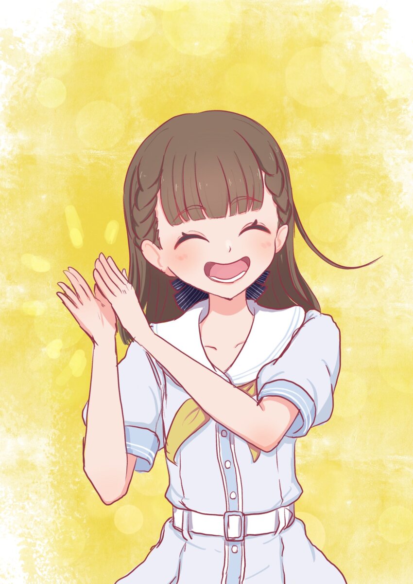 1girl ^_^ black_bow bow braid brown_hair center-flap_bangs clapping closed_eyes commentary_request dress facing_viewer hair_bow hasu_no_sora_school_uniform highres kachimachi_kosuzu link!_like!_love_live! long_hair love_live! neckerchief notice_lines open_mouth pleated_dress sailor_collar sailor_dress school_uniform seiha_(hnumkt) short_sleeves side_ahoge side_braids smile solo straight_hair striped_bow summer_uniform upper_body virtual_youtuber white_dress white_sailor_collar yellow_background yellow_neckerchief