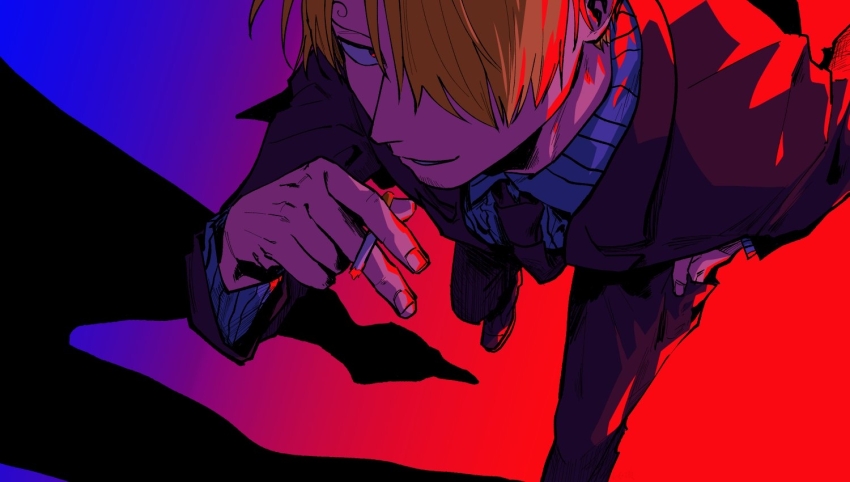 1boy black_necktie black_suit blonde_hair blue_light blue_shirt cigarette commentary curly_eyebrows formal_clothes from_above hair_over_one_eye hand_in_pocket holding holding_cigarette male_focus necktie one_piece red_light sanji_(one_piece) shiraumi8351 shirt short_hair solo striped_clothes striped_shirt suit vertical-striped_clothes vertical-striped_shirt