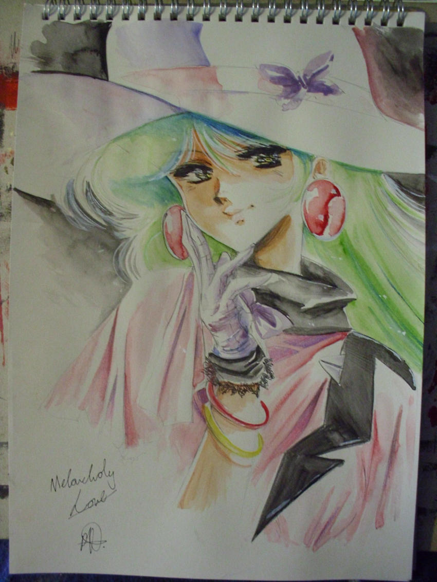 1980s_(style) bow bracelet commentary cropped_arms cropped_torso earrings english_commentary english_text gloves green_eyes green_hair hat highres hinomars19 jewelry long_hair looking_to_the_side megazone_23 oldschool painting_(medium) photo_(medium) purple_bow retro_artstyle signature smile tokimatsuri_eve traditional_media upper_body watercolor_(medium) white_gloves white_headwear