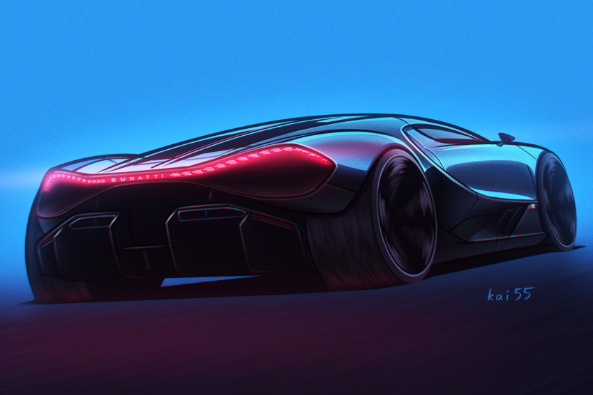 artist_name blue_background bugatti bugatti_tourbillon car from_behind glowing kai55 motion_blur motor_vehicle no_humans original shadow sports_car vehicle_focus