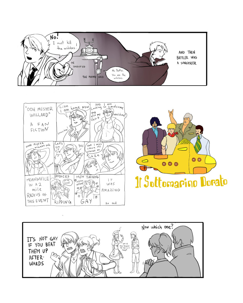07th_expansion 3girls 6+boys androgynous antique_phone beatrice_(umineko) beatrice_castiglioni cape corded_phone crossover hark_a_vagrant highres meme multiple_boys multiple_crossover multiple_girls nanjou_terumasa no_naku_koro_ni_(series) parody phone ronoue_genji ronove_(umineko) rotary_phone shroedinger siblings spoilers style_parody submarine the_beatles umineko_no_naku_koro_ni ushiromiya_battler ushiromiya_jessica ushiromiya_kinzou ushiromiya_lion watercraft willard_h._wright yasu_(umineko) yellow_submarine