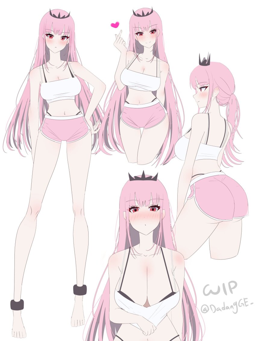 alternate_costume anklet artist_name ass bare_shoulders barefoot bikini bikini_bottom_under_shorts bikini_under_clothes black_tiara blunt_bangs blush breasts cleavage commentary crop_top dadangge dolphin_shorts english_commentary hand_on_own_hip heart highres hololive hololive_english jewelry large_breasts long_hair looking_at_viewer mori_calliope multiple_views pale_skin pink_hair pink_shorts ponytail red_eyes shirt shorts sidelocks simple_background straight_hair swimsuit tiara twitter_username unfinished virtual_youtuber white_background white_shirt