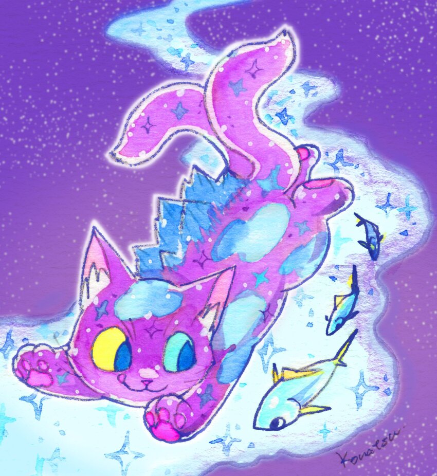 :3 animal animal_focus bakeneko cat commentary_request cool_colored fish heterochromia highres kaiju konatsu_tunacan multiple_tails negora nekomata no_humans original pawpads purple_fur solo_focus sparkle tail traditional_media traditional_youkai two_tails