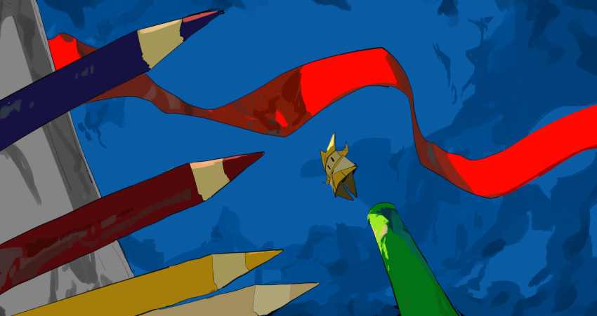 1girl apios black_eyes blonde_hair blue_background colored_pencils_(paper_mario) female_focus floating from_below full_body highres mario_(series) nintendo no_mouth olivia_(paper_mario) paper_mario paper_mario:_the_origami_king pencil red_ribbon ribbon short_hair sketch