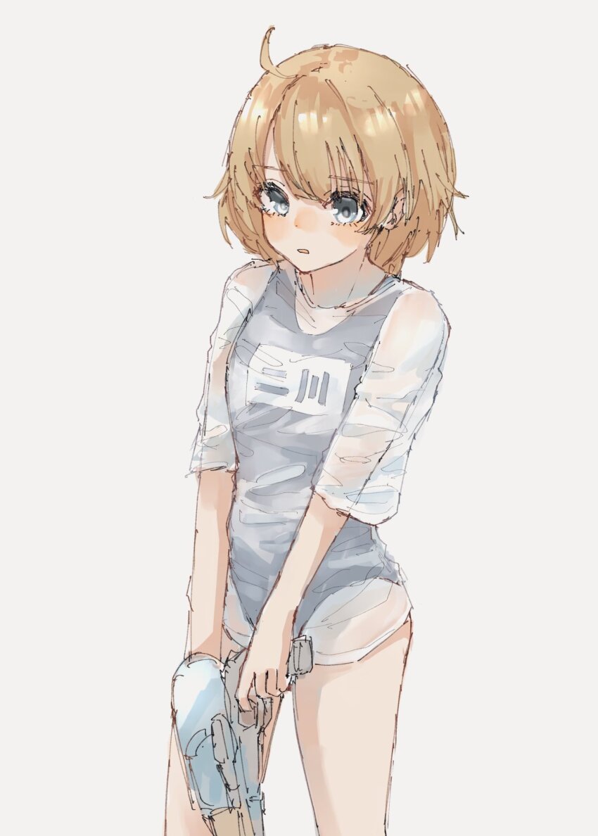 1girl ahoge amahara_nue assault_lily blue_eyes blue_one-piece_swimsuit blush brown_hair cowboy_shot futagawa_fumi grey_background highres holding holding_water_gun long_hair looking_at_viewer name_tag no_pants one-piece_swimsuit parted_lips school_swimsuit see-through_clothes see-through_shirt shirt simple_background three-quarter_sleeves solo standing swimsuit swimsuit_under_clothes v_arms water_gun white_shirt