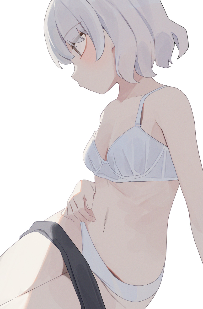 1girl arm_support black_shorts blush bra breasts cleavage clothes_pull collarbone grey_eyes highres hiroki_(yyqw7151) looking_to_the_side navel original panties short_hair shorts shorts_pull sitting small_breasts underwear white_background white_bra white_hair white_panties