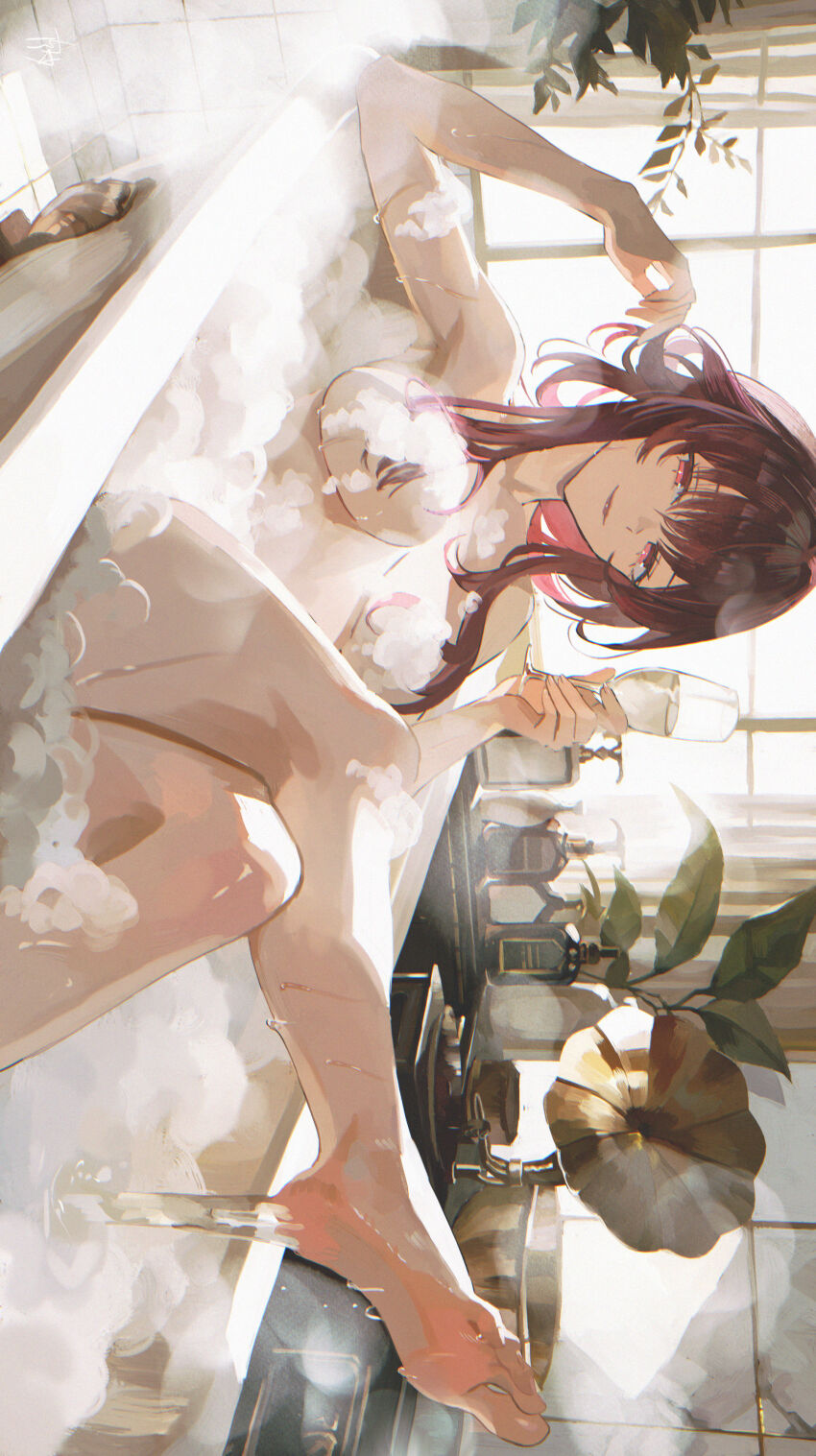 1girl absurdres armpits bathtub bottle breasts completely_nude convenient_censoring cup day drinking_glass feet hair_between_eyes hair_intakes highres honkai:_star_rail honkai_(series) kafka_(honkai:_star_rail) light_smile looking_at_viewer maria_(maria_rose) nude phonograph purple_eyes purple_hair sidelocks signature soap_bubbles steam tree water wet window wine_glass