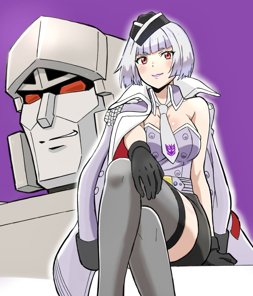 1girl absurdres black_gloves black_skirt black_thighhighs blush breasts collarbone crossed_legs decepticon detached_collar garrison_cap gloves grey_hair hand_on_own_leg hat highres jacket jacket_on_shoulders komagoma kotobukiya_bishoujo looking_at_viewer mecha medium_breasts megatron megatron_(kotobukiya_bishoujo) parted_lips pencil_skirt purple_jacket purple_lips purple_shirt robot shirt short_hair sitting skirt smile smirk strapless strapless_shirt thighhighs transformers