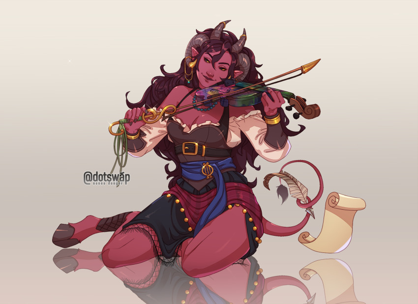 1girl ankle_cuffs bead_necklace beads belt black_bra black_nails black_sclera black_skirt blue_sash bow_(music) bra bracelet bracer brooch brown_bustier brown_hair closed_mouth colored_sclera commentary commission cow_tail curled_horns demon_girl demon_horns dotswap english_commentary full_body gold_bracelet grey_background hair_between_eyes high_belt highres holding holding_bow_(music) holding_instrument holding_quill holding_violin holding_with_tail hooves horn_cover horn_ornament horn_ring horns instrument jewelry light_smile long_hair mixed_horns multiple_horns music necklace original parchment playing_instrument pointy_ears prehensile_tail quill red_sarong red_skirt red_tail reflective_floor sarong sash shirt sitting skirt slit_pupils solo tail tiefling underwear violin wavy_hair white_shirt yellow_eyes yokozuwari